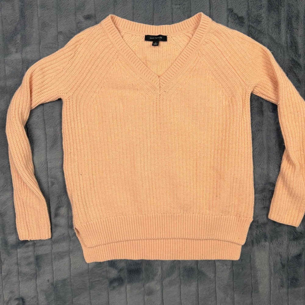 Ann Taylor Peach V-Neck Shaker Stitch Sweater Cotton Wool Cashmere Blend Small